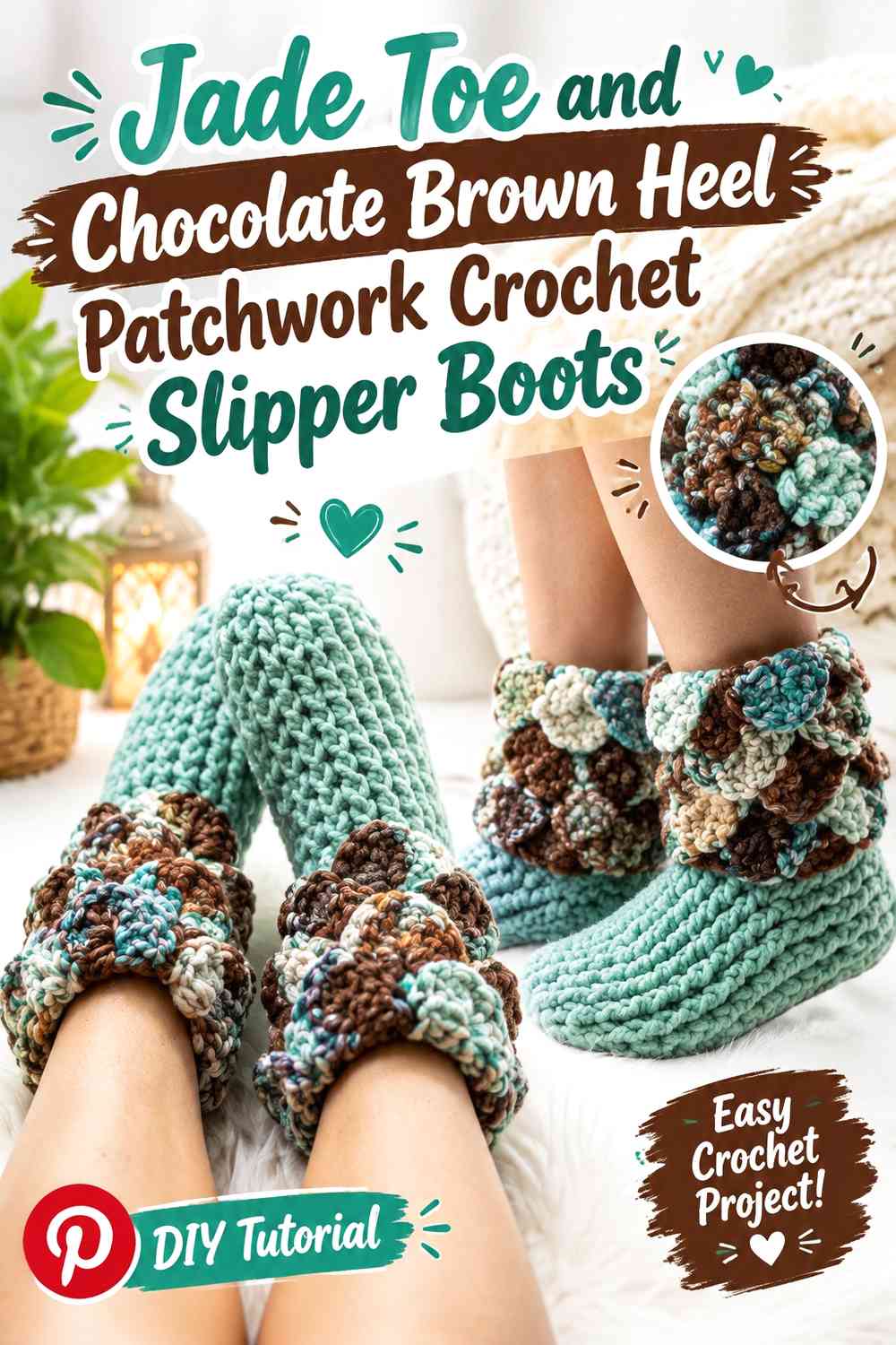 Jade Toe and Chocolate Brown Heel Patchwork Crochet Slipper Boots