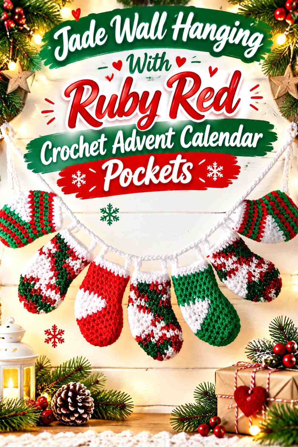 Jade Wall Hanging With Ruby Red Crochet Advent Calendar Pockets