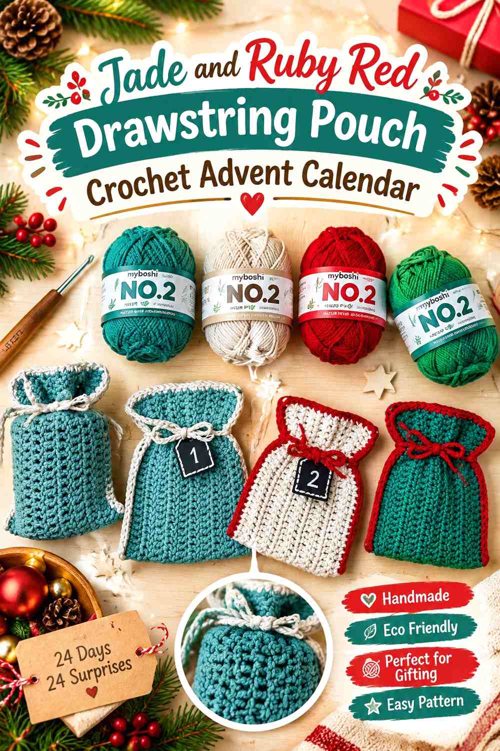 Jade and Ruby Red Drawstring Pouch Crochet Advent Calendar