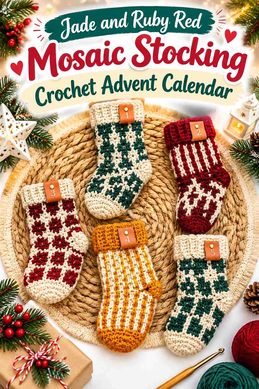 Jade and Ruby Red Mosaic Stocking Crochet Advent Calendar