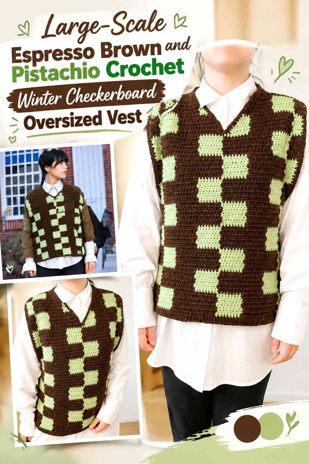 Large-Scale Espresso Brown and Pistachio Crochet Winter Checkerboard Oversized Vest