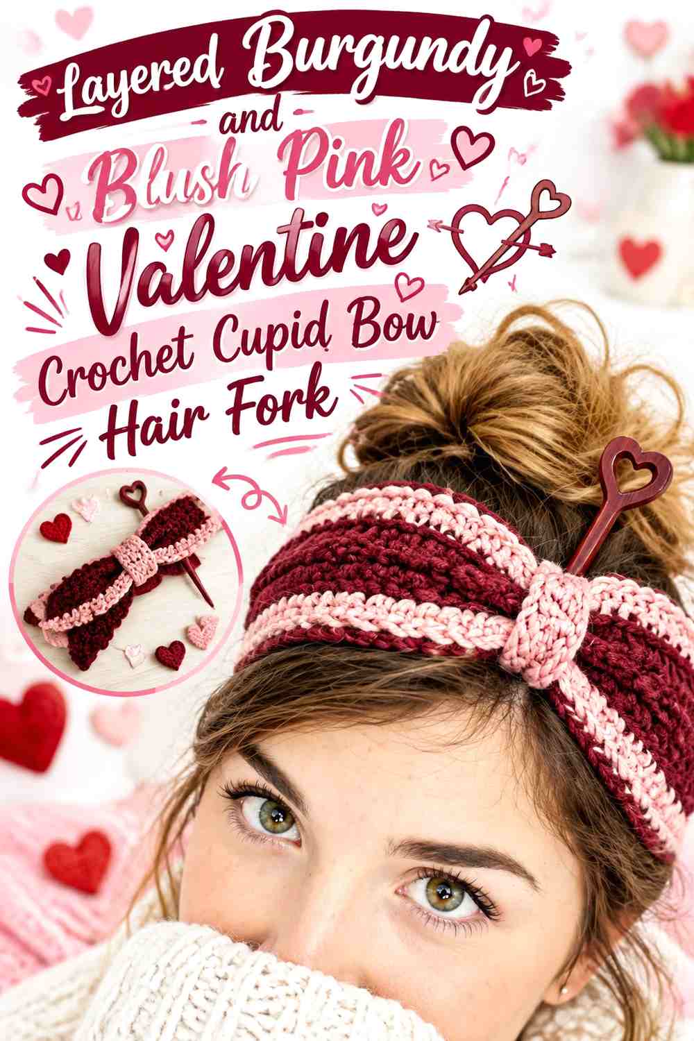 Layered Burgundy and Blush Pink Valentine Crochet Cupid Bow Hair Fork