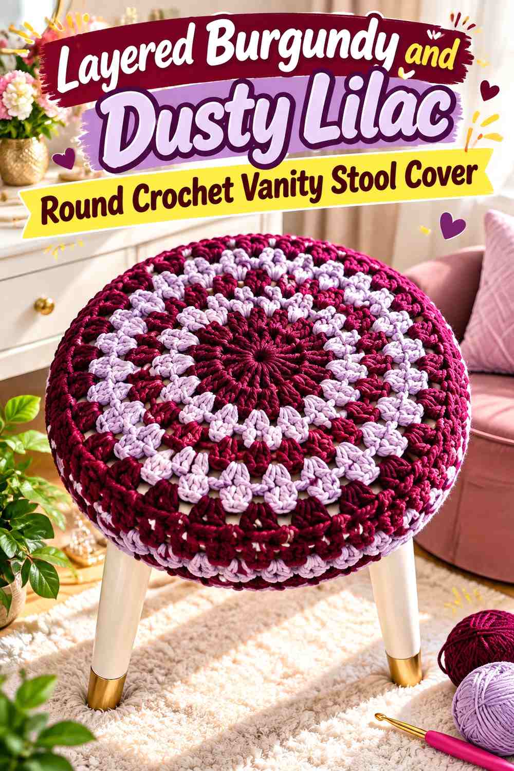 Layered Burgundy and Dusty Lilac Round Crochet Vanity Stool Cover