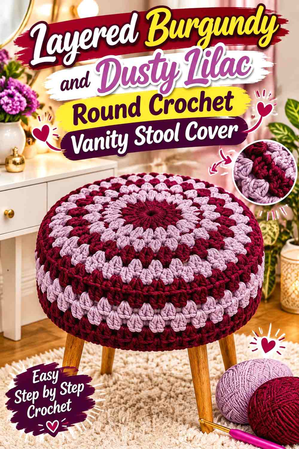 Layered Burgundy and Dusty Lilac Round Crochet Vanity Stool Cover