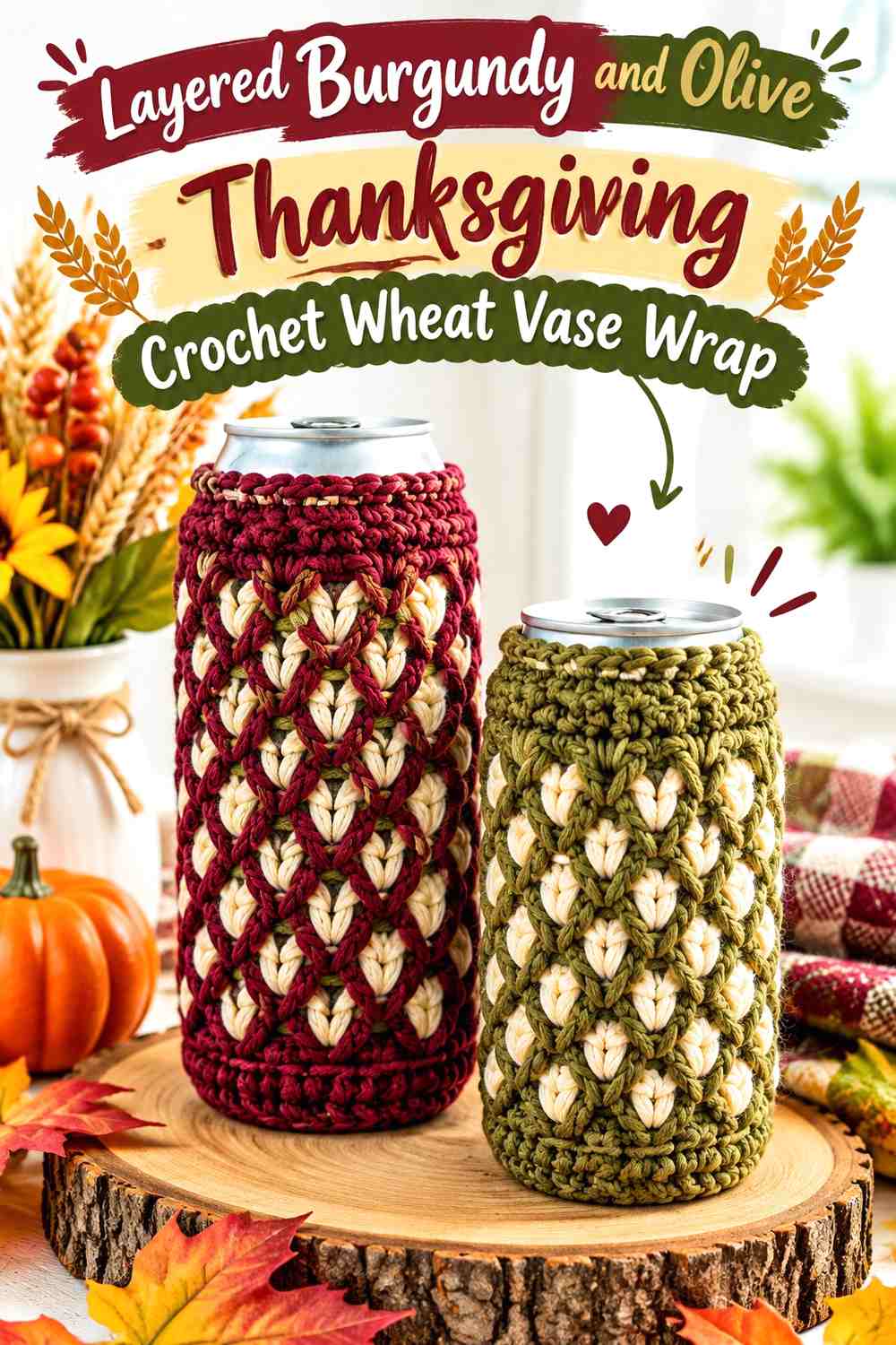 Layered Burgundy and Olive Thanksgiving Crochet Wheat Vase Wrap