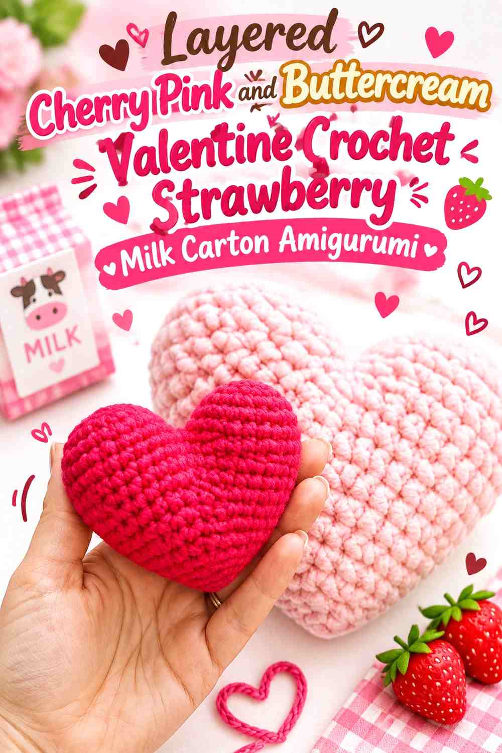 Layered Cherry Pink and Buttercream Valentine Crochet Strawberry Milk Carton Amigurumi
