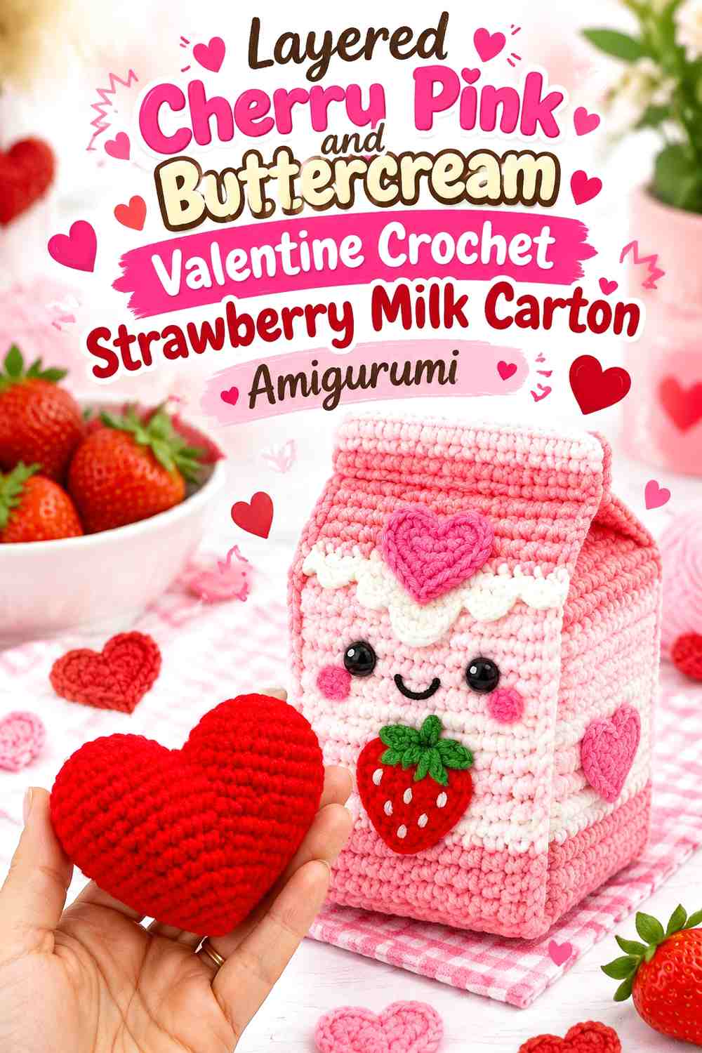 Layered Cherry Pink and Buttercream Valentine Crochet Strawberry Milk Carton Amigurumi