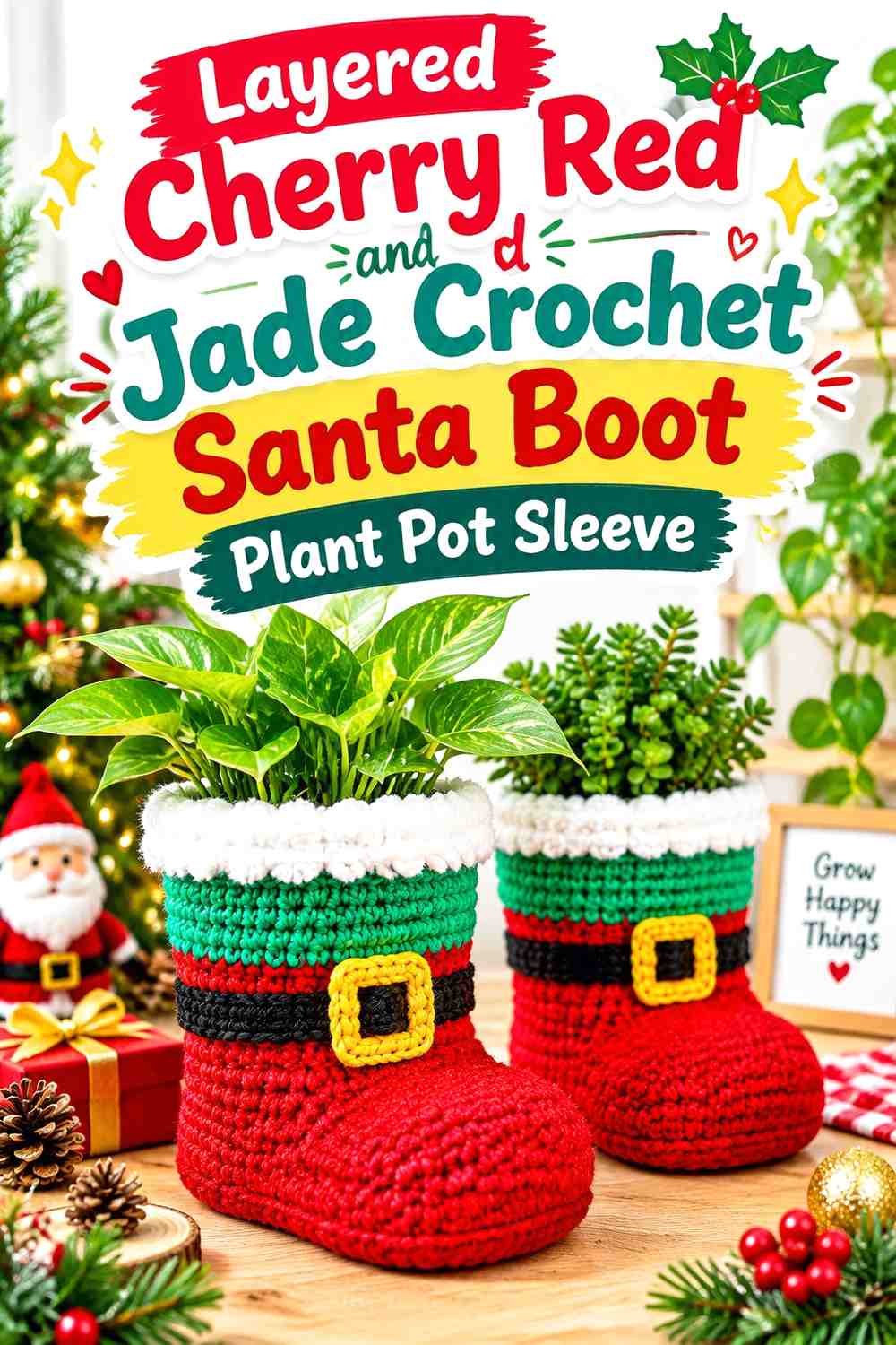 Layered Cherry Red and Jade Crochet Santa Boot Plant Pot Sleeve