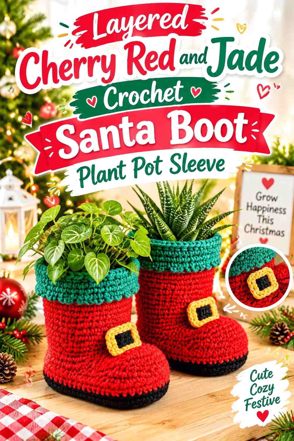 Layered Cherry Red and Jade Crochet Santa Boot Plant Pot Sleeve