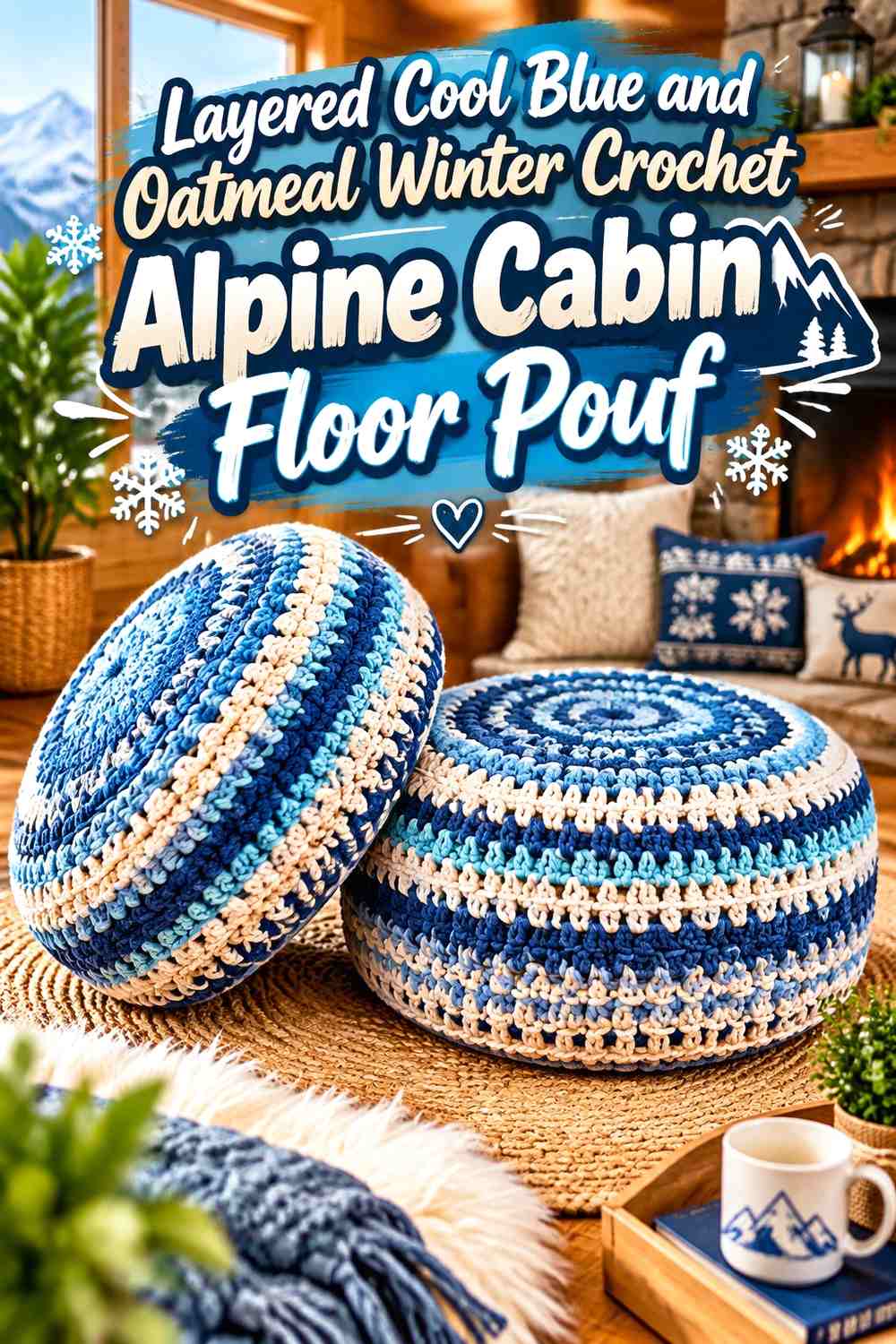 Layered Cool Blue and Oatmeal Winter Crochet Alpine Cabin Floor Pouf
