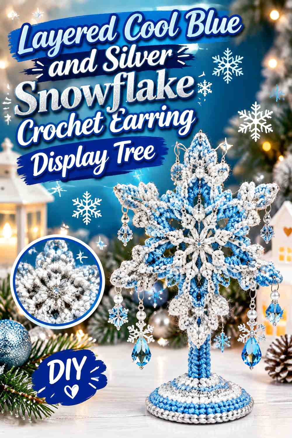 Layered Cool Blue and Silver Snowflake Crochet Earring Display Tree