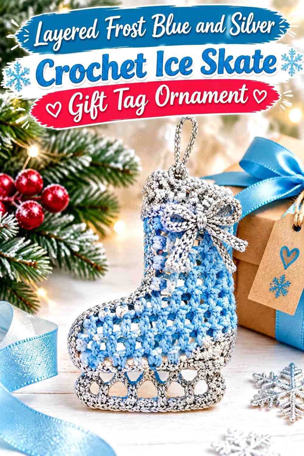 Layered Frost Blue and Silver Crochet Ice Skate Gift Tag Ornament