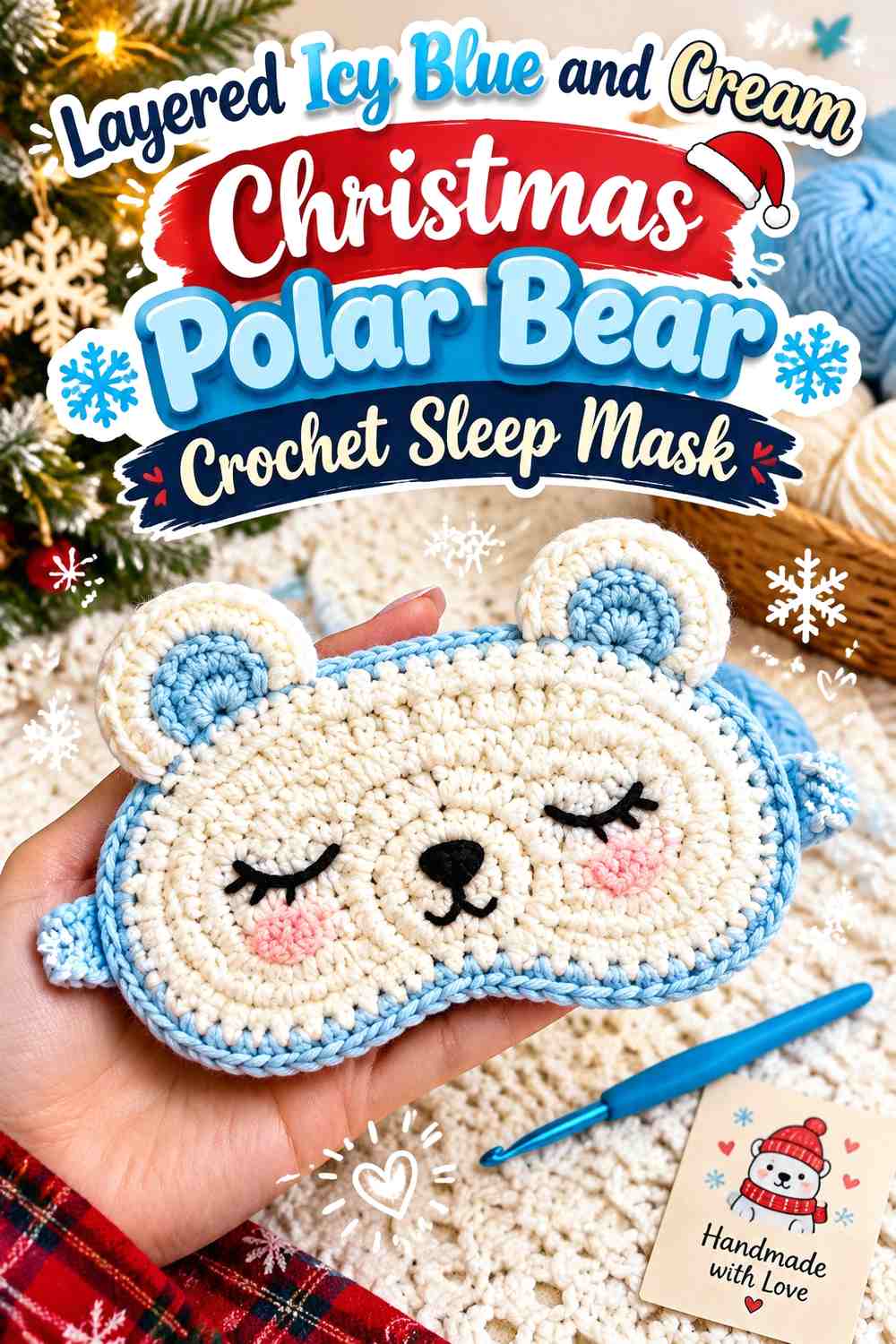 Layered Icy Blue and Cream Christmas Polar Bear Crochet Sleep Mask
