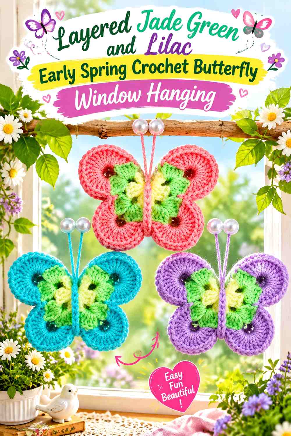 Layered Jade Green and Lilac Early Spring Crochet Butterfly Window Hanging