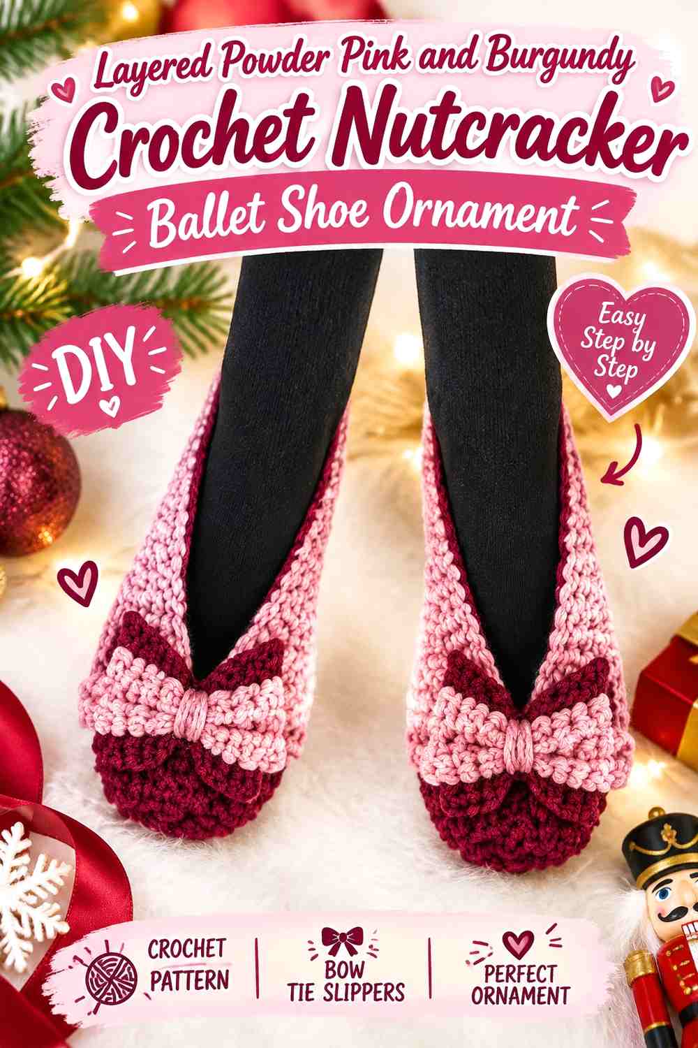 Layered Powder Pink and Burgundy Crochet Nutcracker Ballet Shoe Ornament