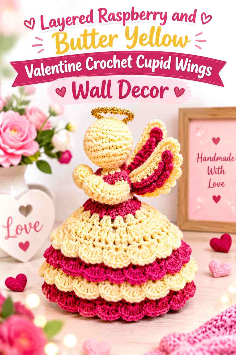 Layered Raspberry and Butter Yellow Valentine Crochet Cupid Wings Wall Decor