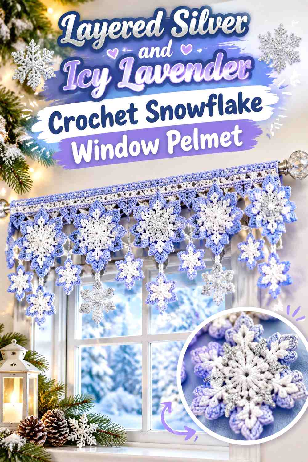 Layered Silver and Icy Lavender Crochet Snowflake Window Pelmet