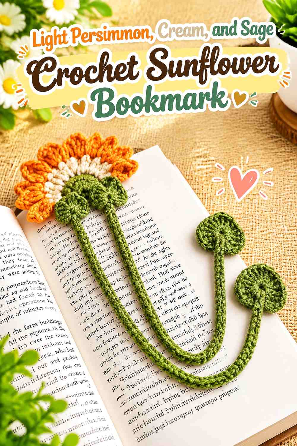 Light Persimmon, Cream, and Sage Crochet Sunflower Bookmark