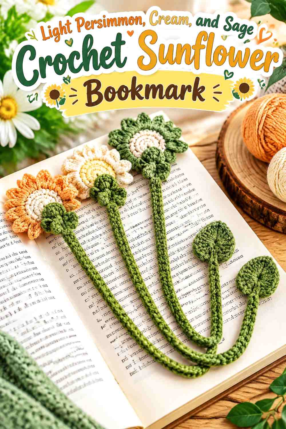 Light Persimmon, Cream, and Sage Crochet Sunflower Bookmark