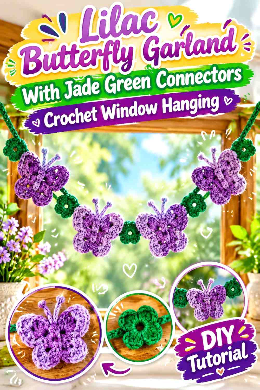 Lilac Butterfly Garland With Jade Green Connectors Crochet Window Hanging