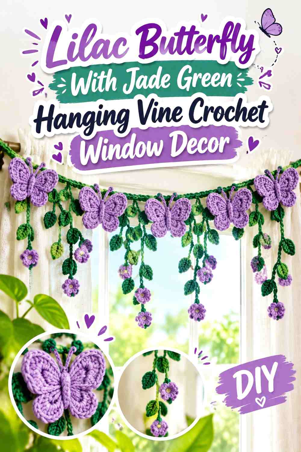 Lilac Butterfly With Jade Green Hanging Vine Crochet Window Decor