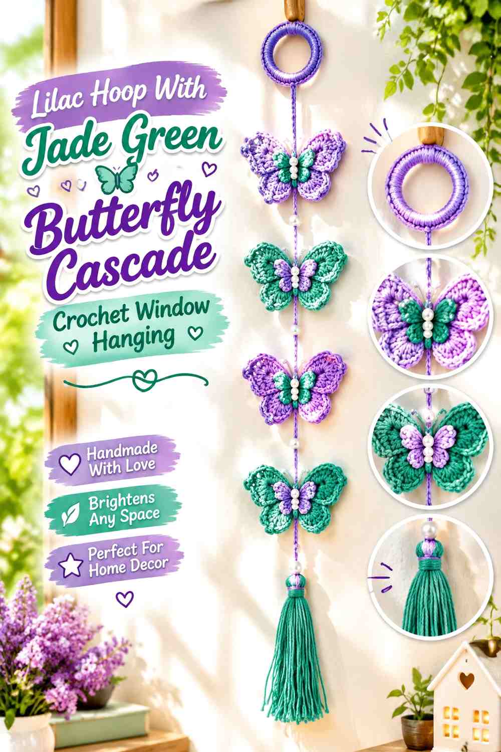 Lilac Hoop With Jade Green Butterfly Cascade Crochet Window Hanging