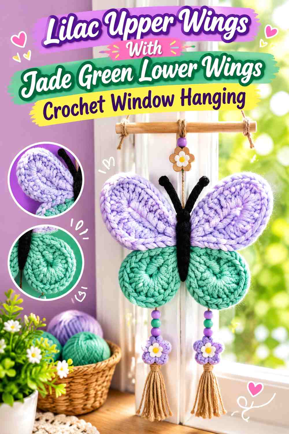 Lilac Upper Wings With Jade Green Lower Wings Crochet Window Hanging
