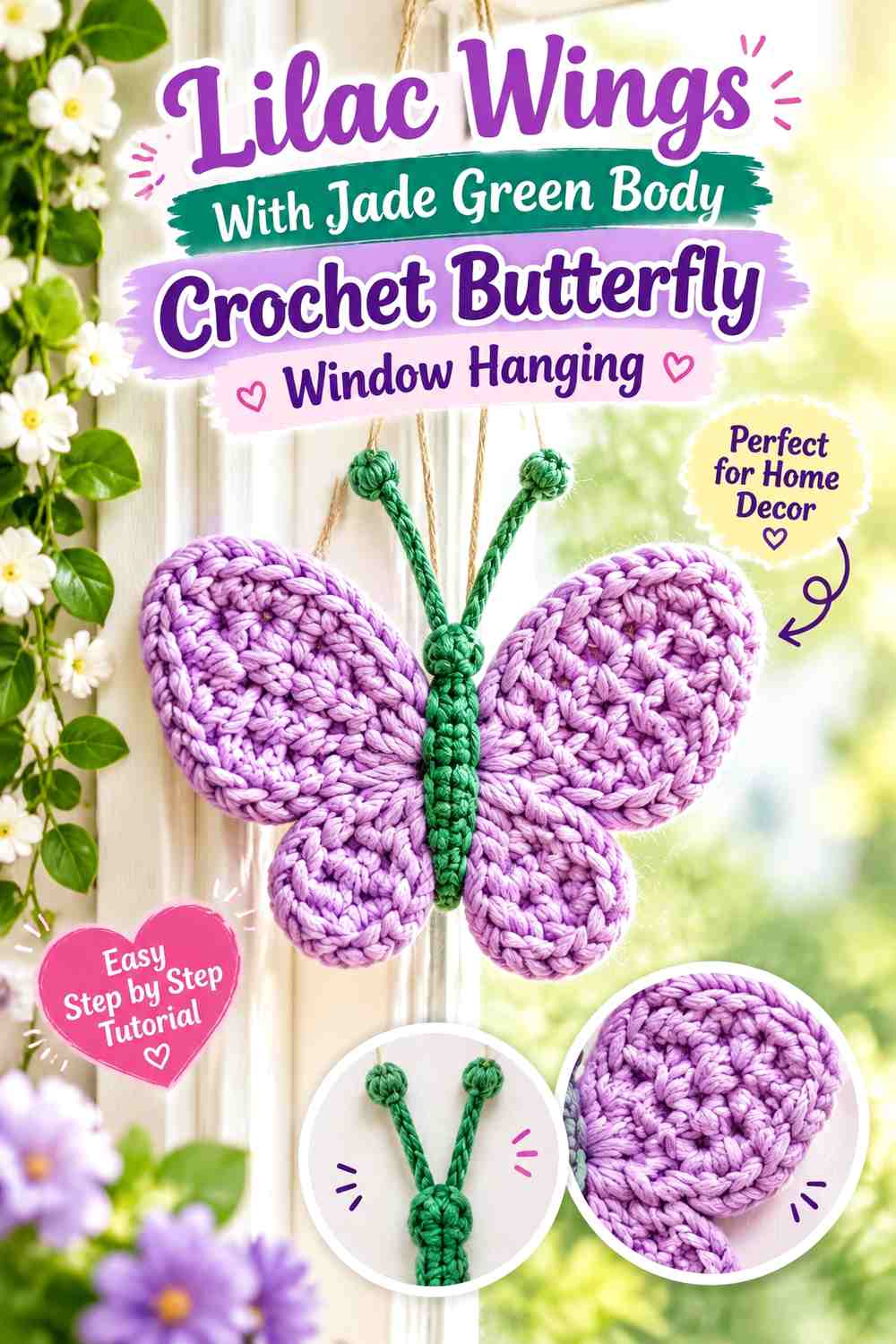 Lilac Wings With Jade Green Body Crochet Butterfly Window Hanging