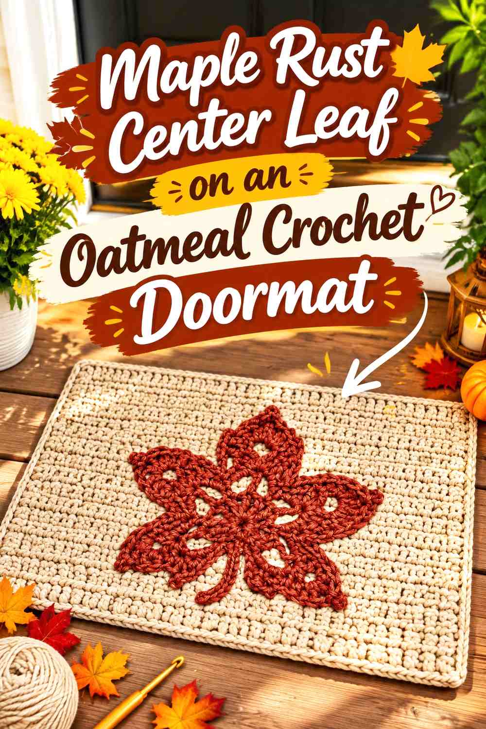 Maple Rust Center Leaf on an Oatmeal Crochet Doormat