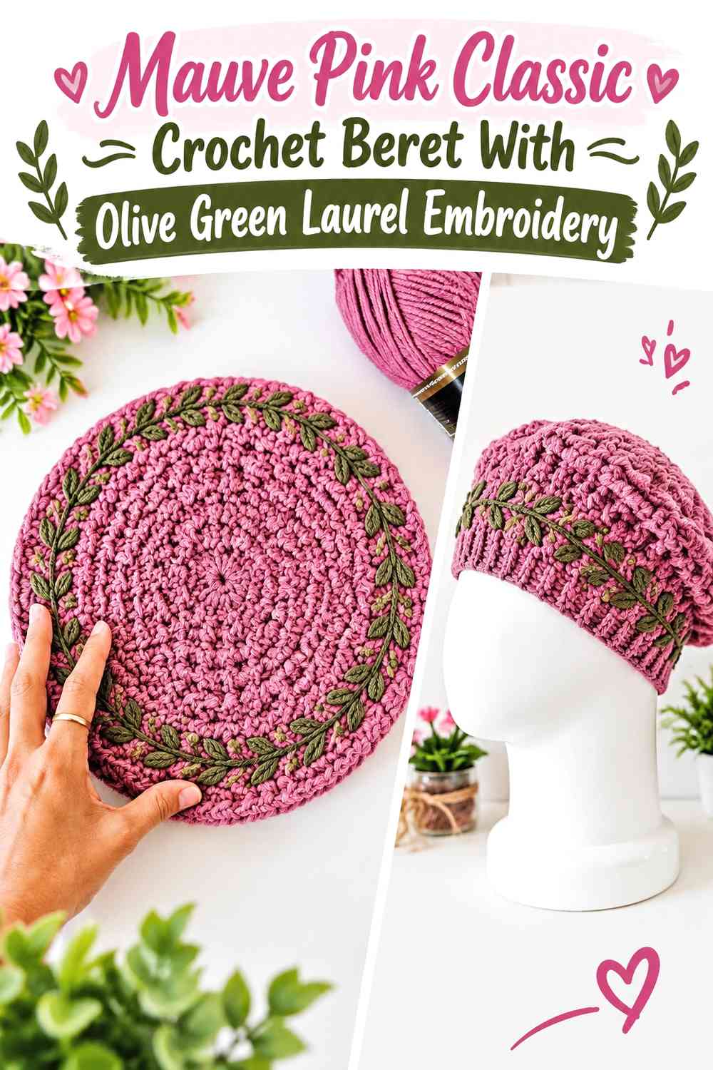 Mauve Pink Classic Crochet Beret With Olive Green Laurel Embroidery