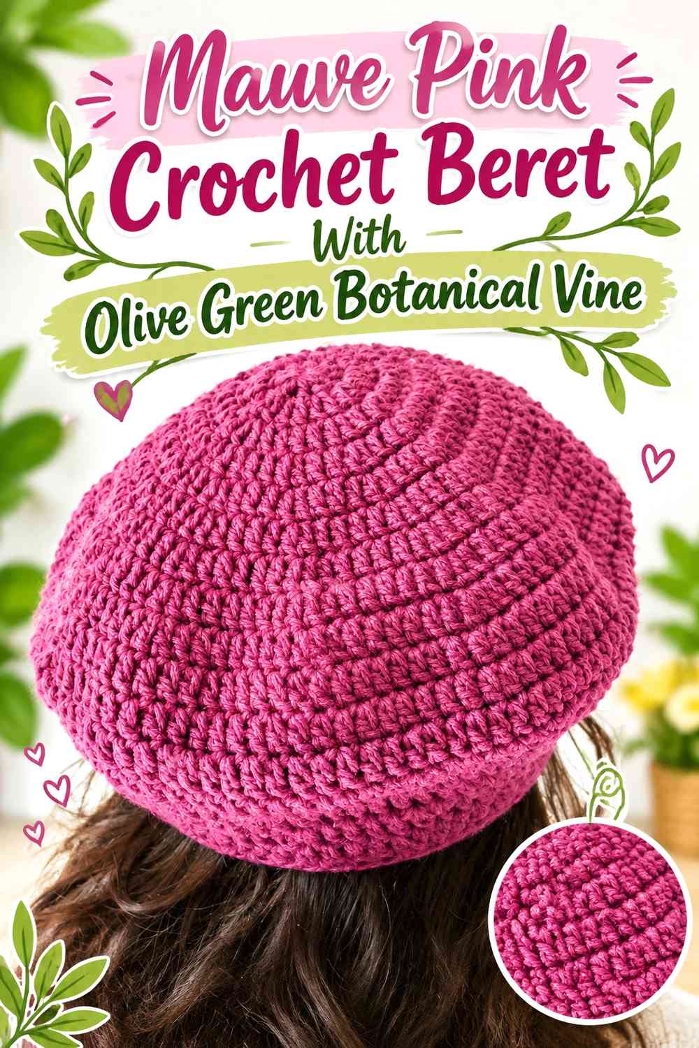 Mauve Pink Crochet Beret With Olive Green Botanical Vine