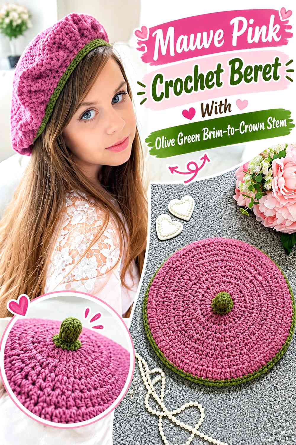Mauve Pink Crochet Beret With Olive Green Brim-to-Crown Stem