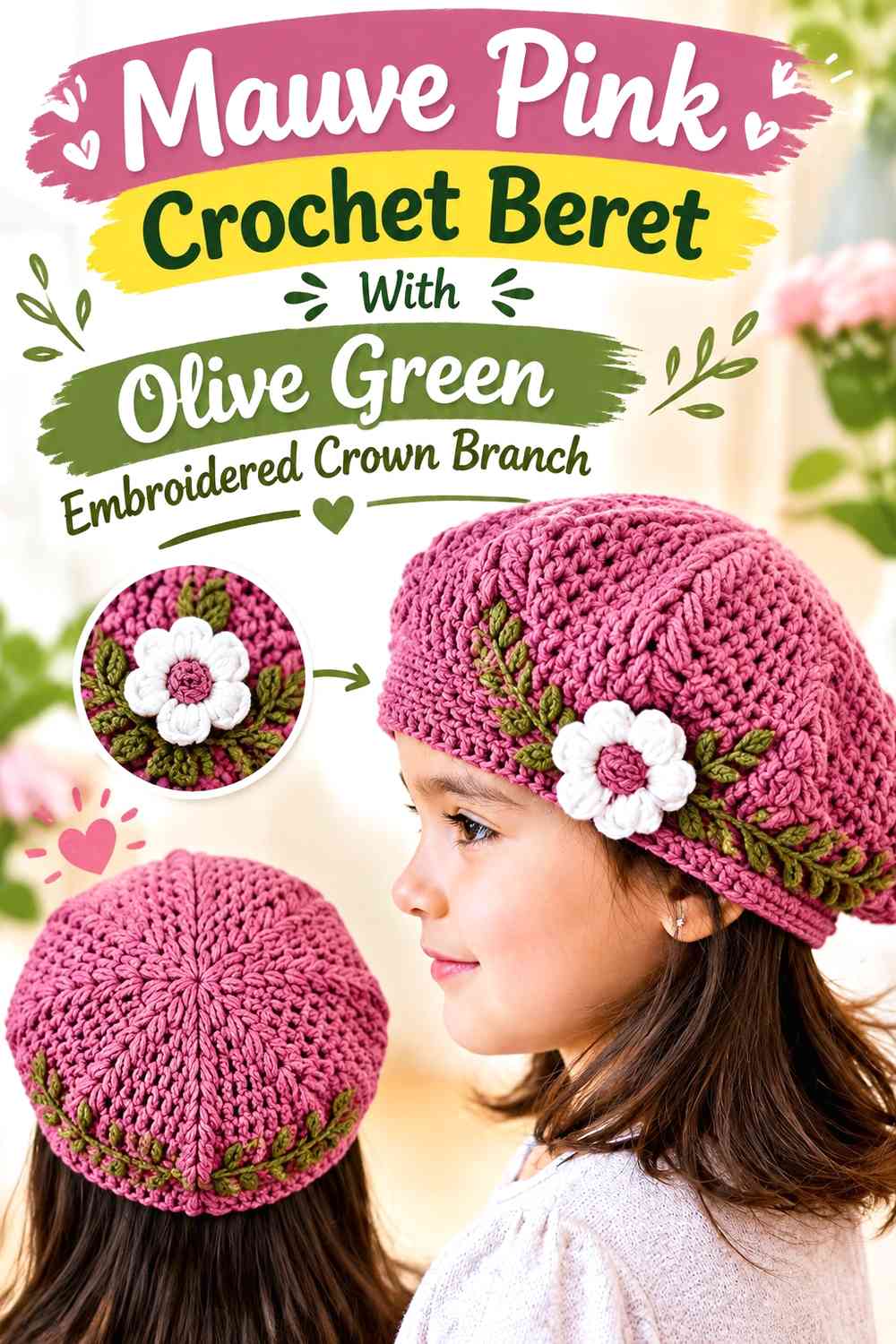 Mauve Pink Crochet Beret With Olive Green Embroidered Crown Branch