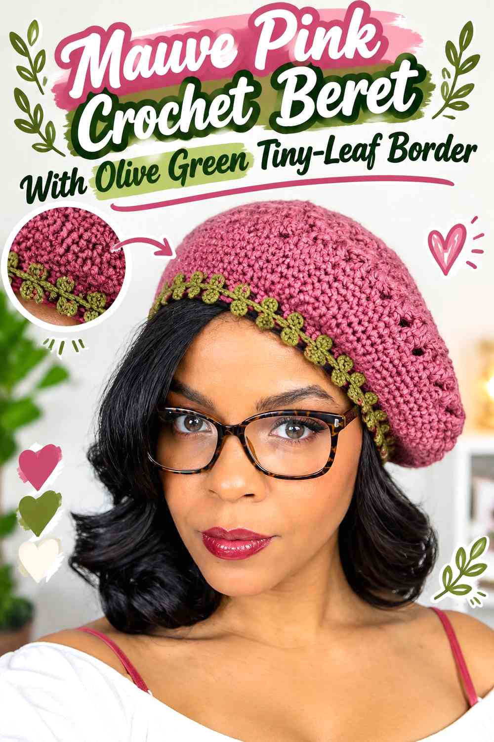 Mauve Pink Crochet Beret With Olive Green Tiny-Leaf Border