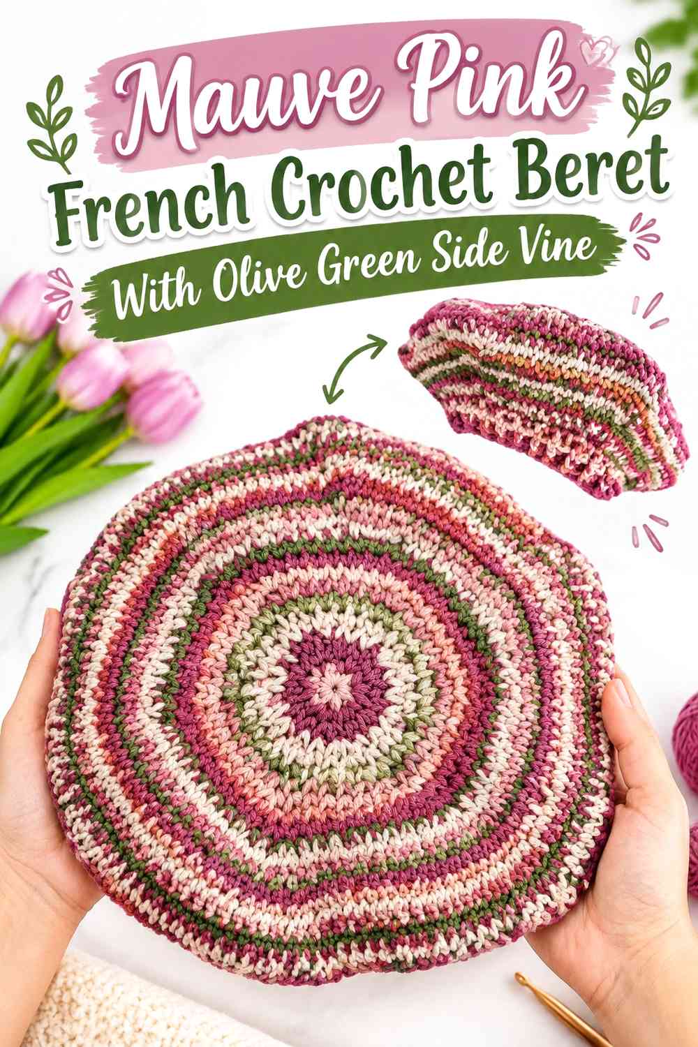 Mauve Pink French Crochet Beret With Olive Green Side Vine