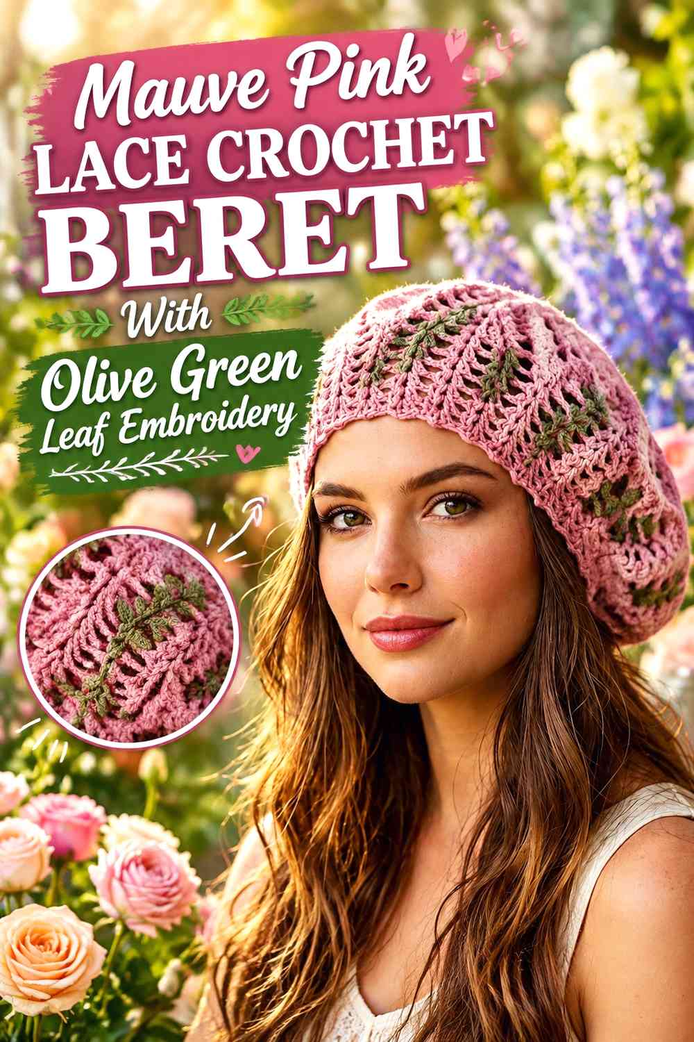 Mauve Pink Lace Crochet Beret With Olive Green Leaf Embroidery