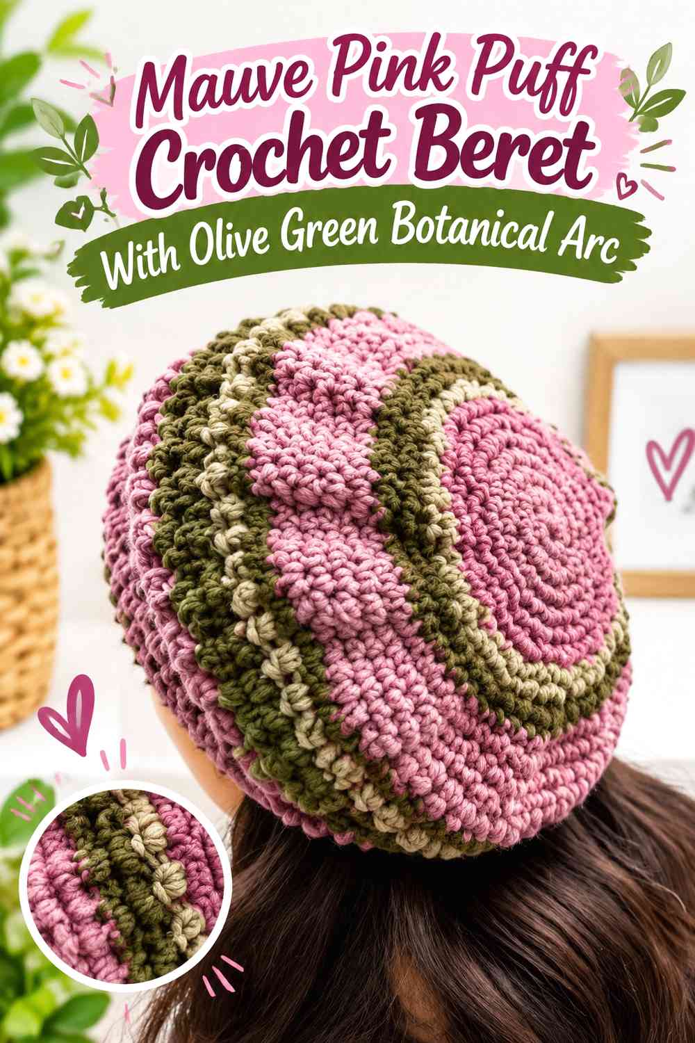 Mauve Pink Puff Crochet Beret With Olive Green Botanical Arc