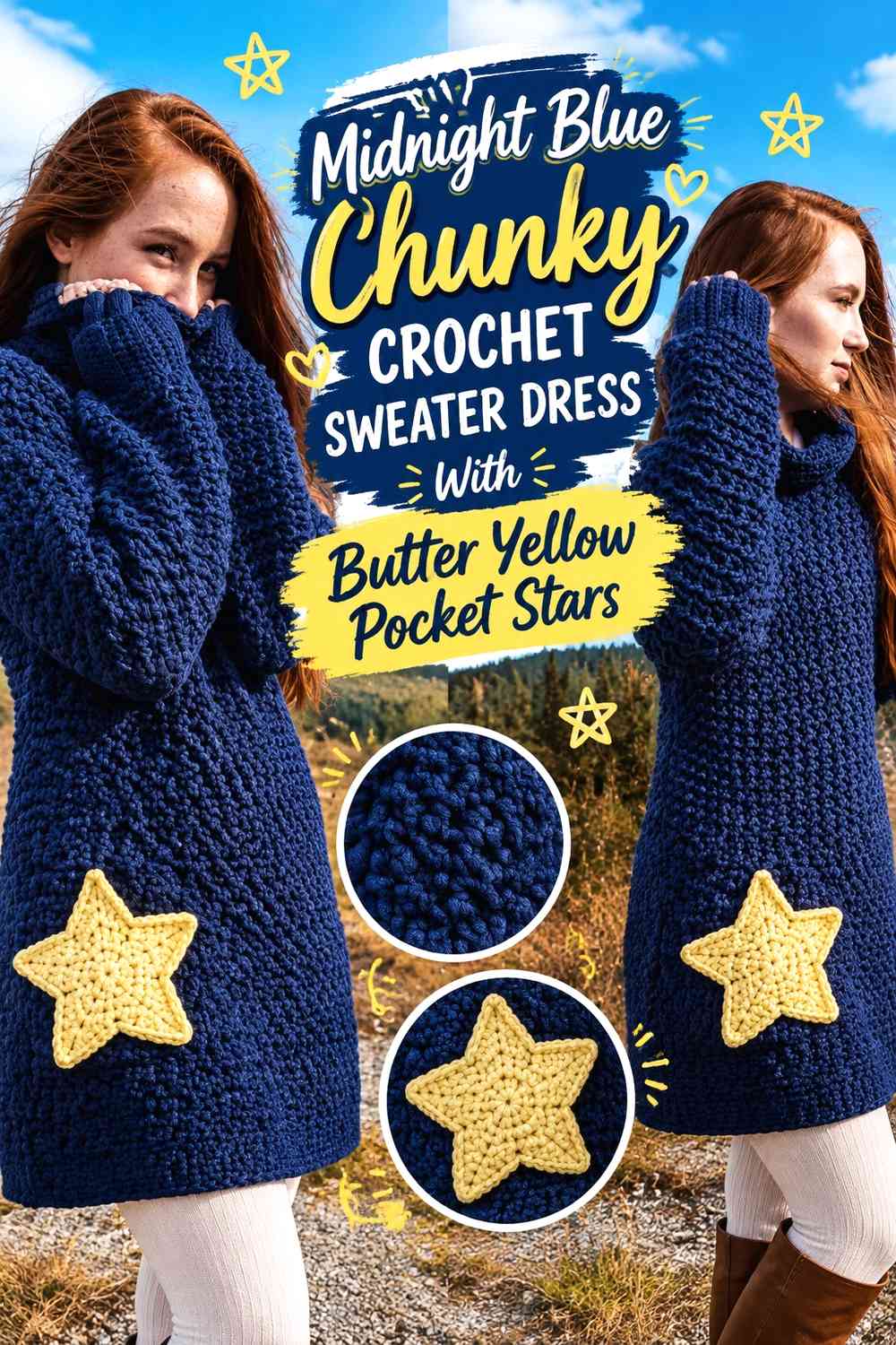 Midnight Blue Chunky Crochet Sweater Dress With Butter Yellow Pocket Stars