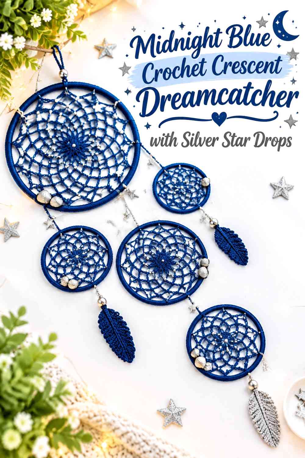 Midnight Blue Crochet Crescent Dreamcatcher with Silver Star Drops
