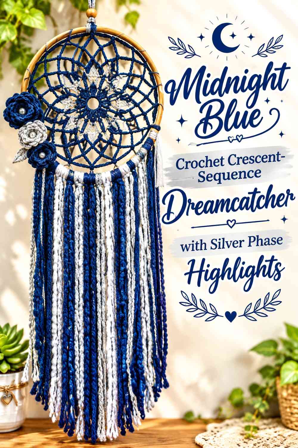 Midnight Blue Crochet Crescent-Sequence Dreamcatcher with Silver Phase Highlights