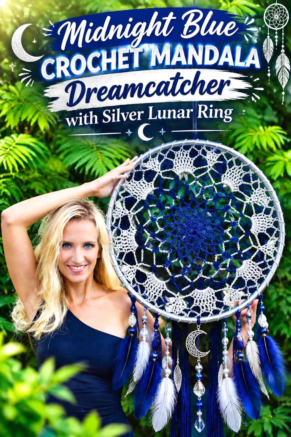 Midnight Blue Crochet Mandala Dreamcatcher with Silver Lunar Ring