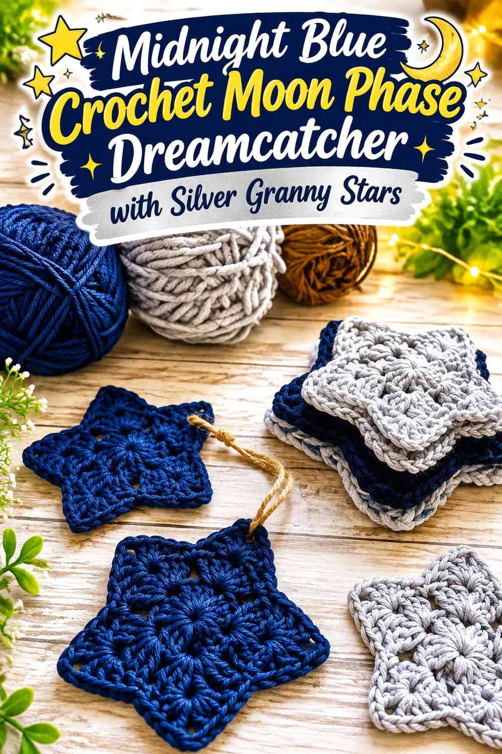 Midnight Blue Crochet Moon Phase Dreamcatcher with Silver Granny Stars