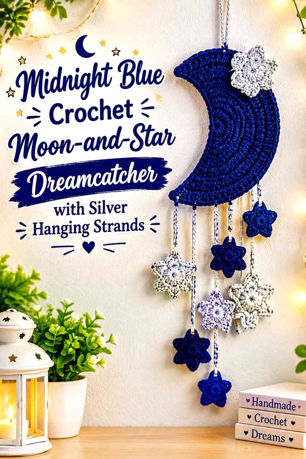 Midnight Blue Crochet Moon-and-Star Dreamcatcher with Silver Hanging Strands
