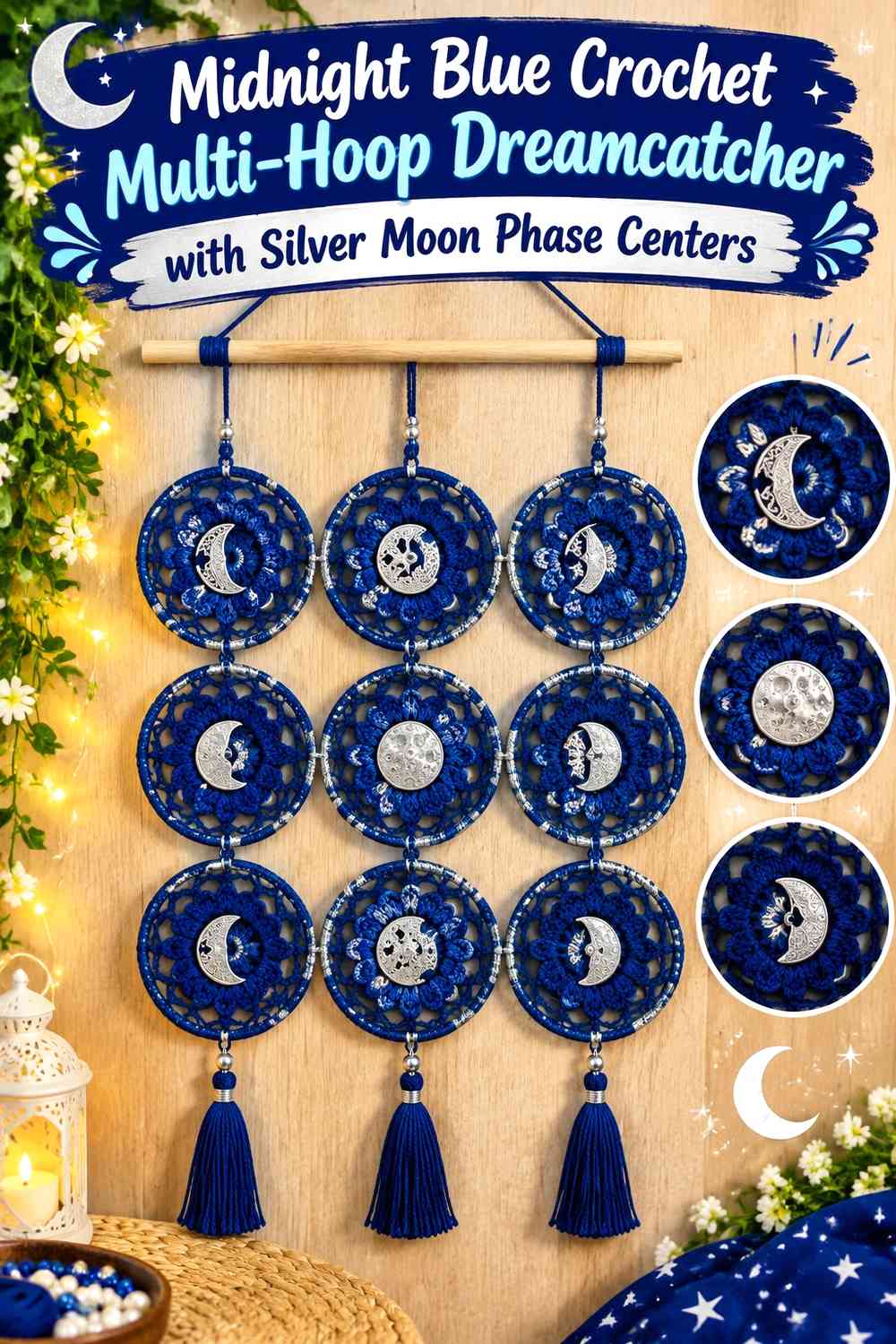 Midnight Blue Crochet Multi-Hoop Dreamcatcher with Silver Moon Phase Centers