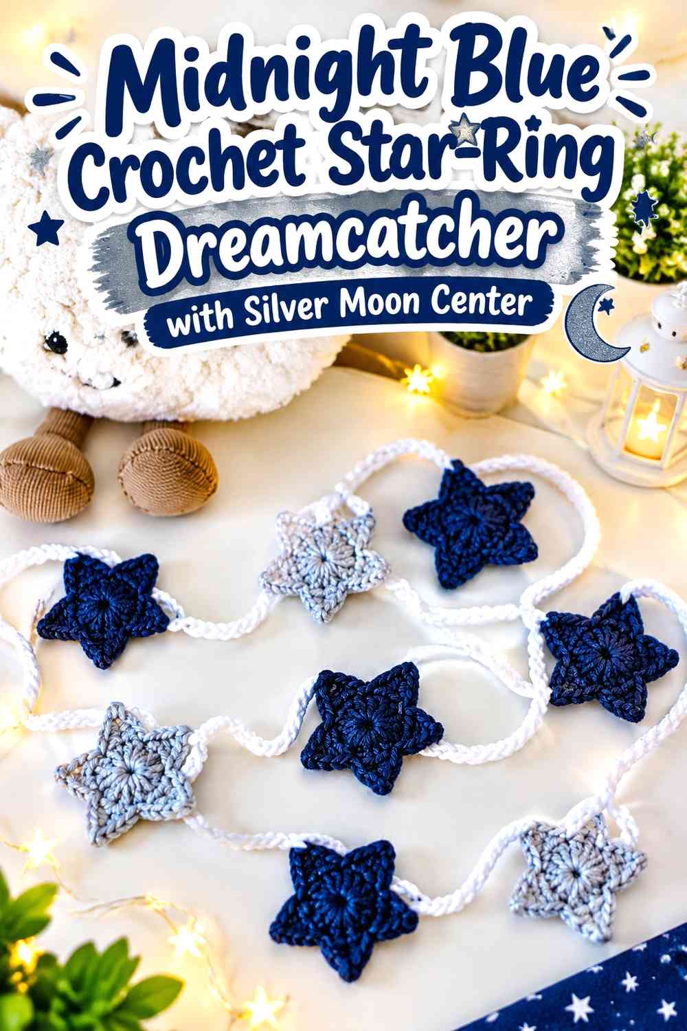 Midnight Blue Crochet Star-Ring Dreamcatcher with Silver Moon Center