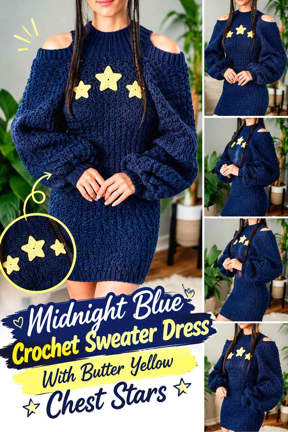 Midnight Blue Crochet Sweater Dress With Butter Yellow Chest Stars