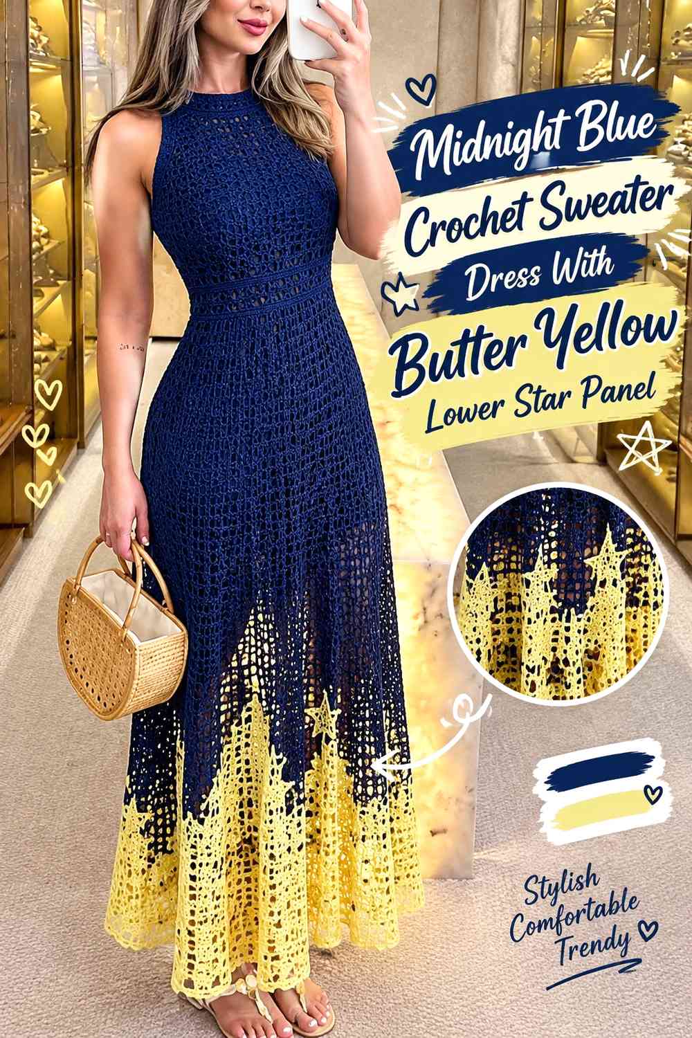 Midnight Blue Crochet Sweater Dress With Butter Yellow Lower Star Panel