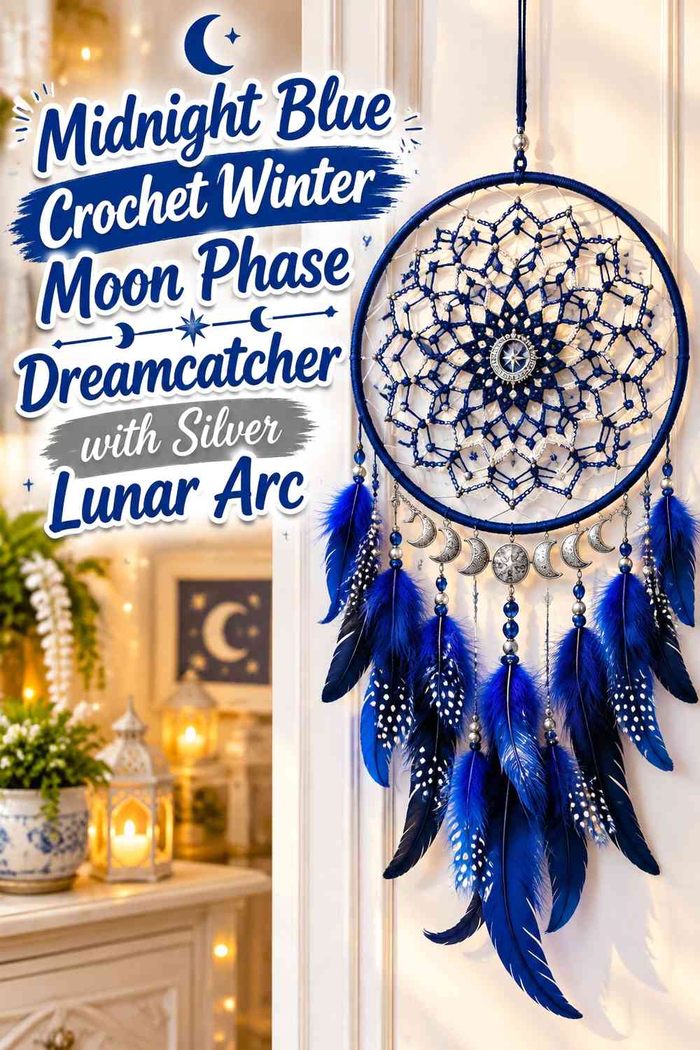 Midnight Blue Crochet Winter Moon Phase Dreamcatcher with Silver Lunar Arc