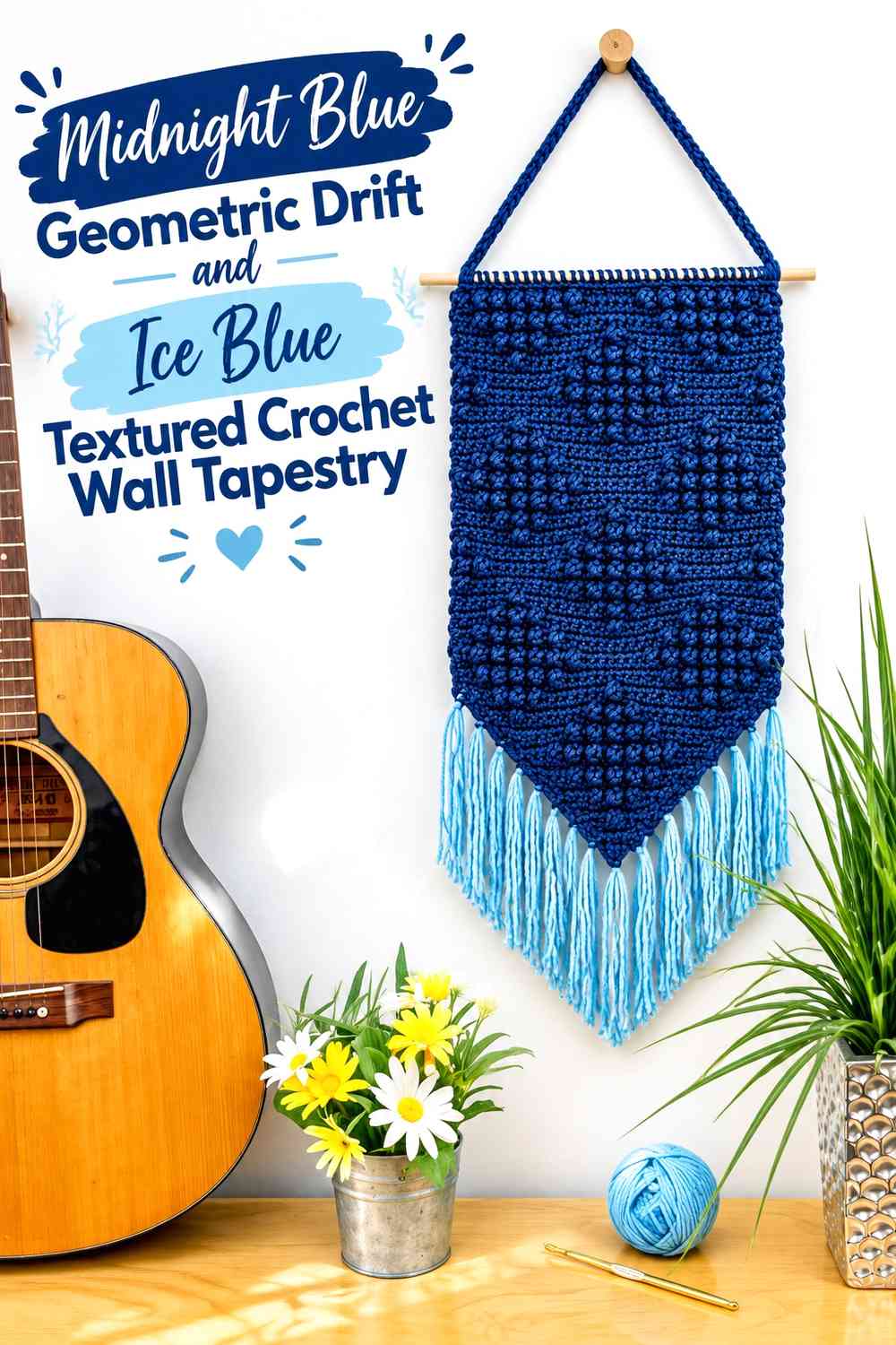 Midnight Blue Geometric Drift and Ice Blue Textured Crochet Wall Tapestry