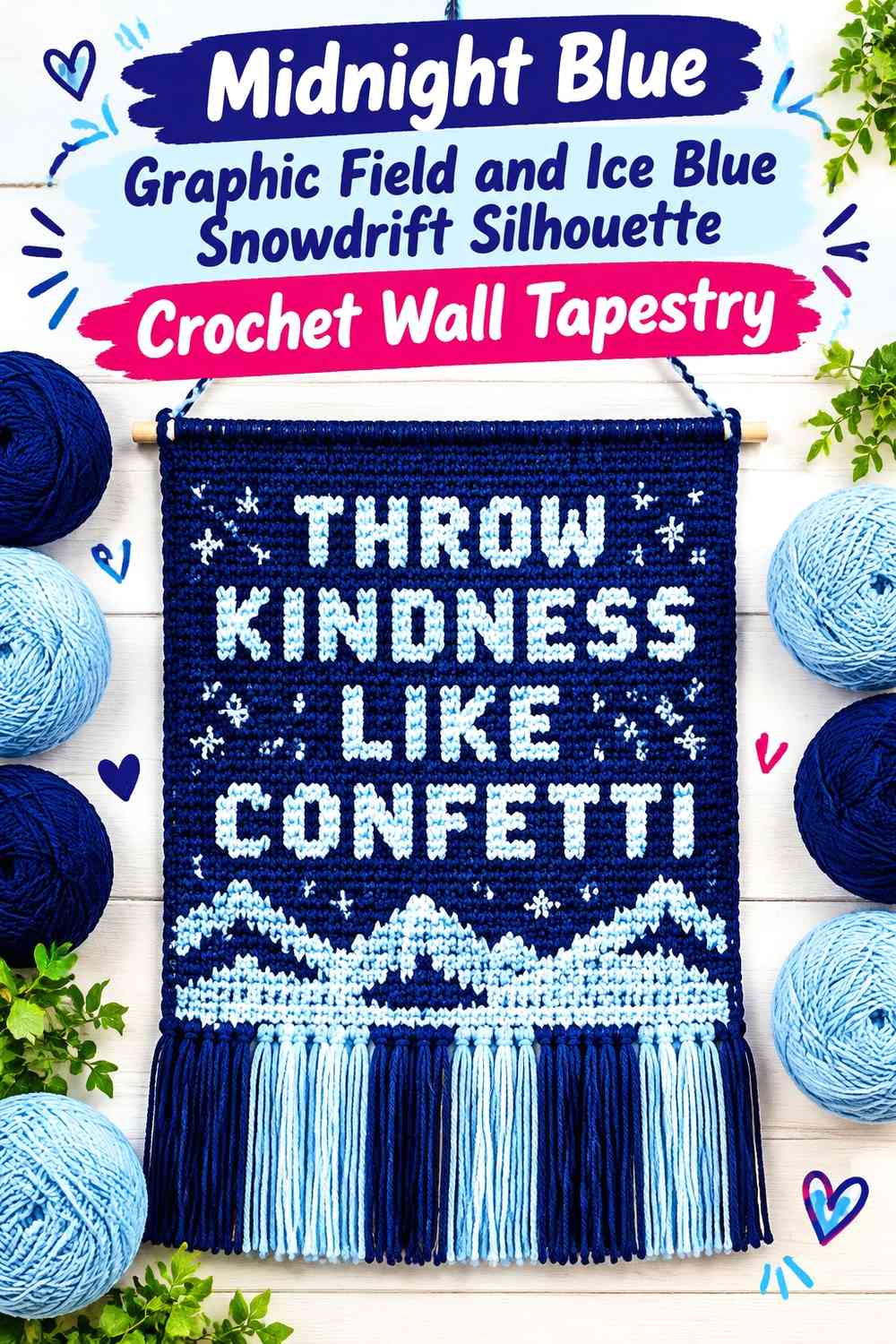 Midnight Blue Graphic Field and Ice Blue Snowdrift Silhouette Crochet Wall Tapestry
